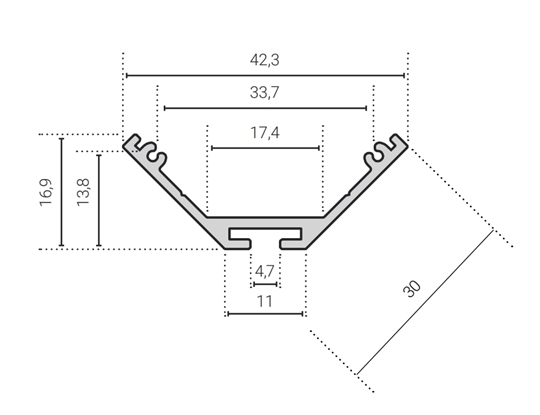 Alu-Profil Eck 3030 Angelo - ABMESSUNGEN: 42,3 x 16,9 mm