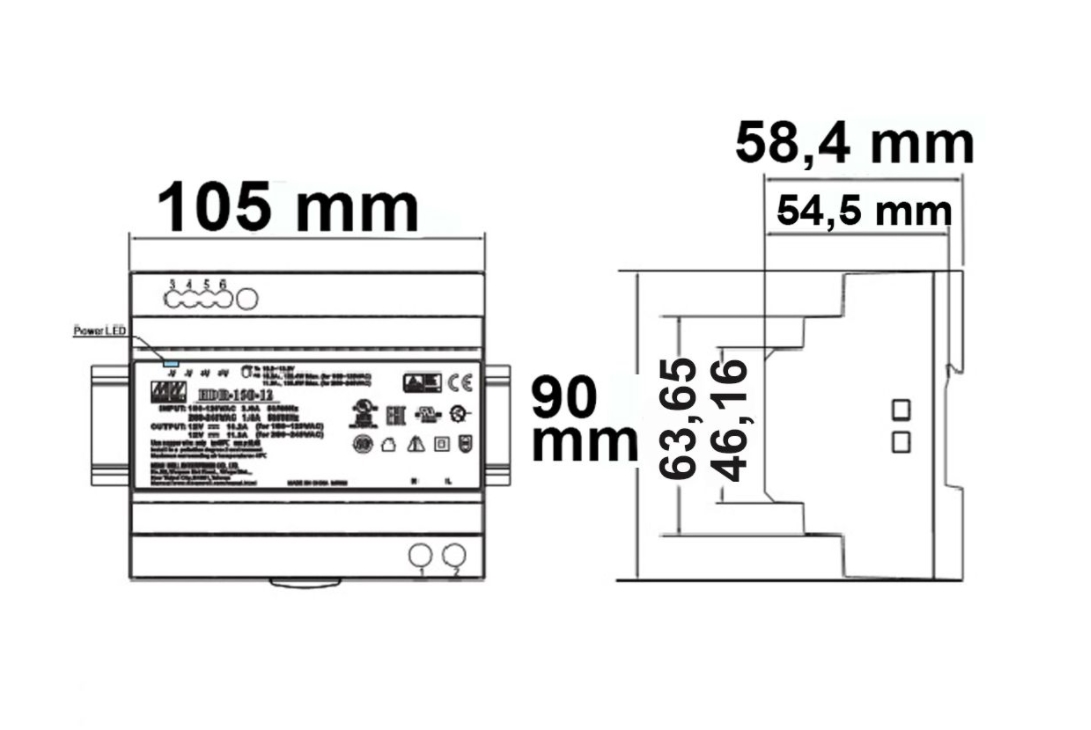LED Hutschienen-Trafo MW HDR-150-48, 43.2~55.2V/DC, 0-150W, IP20